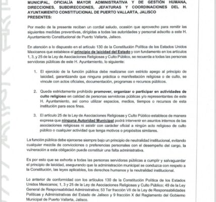Prohíbe Órgano de Control Interno del Ayuntamiento organizar y participar en actividades de culto religioso