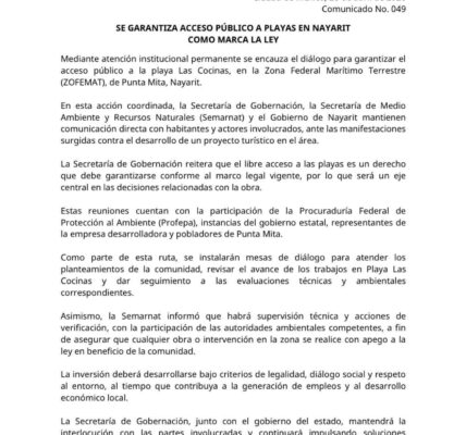Segob garantiza acceso público a Playa Las Cocinas en Punta de Mita
