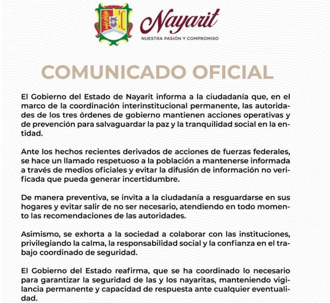 Gobierno de Nayarit llama a resguardarse tras operativo federal