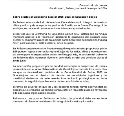 Jalisco rechaza adelantar fin de ciclo escolar al 5 de junio; mantendrá calendario vigente