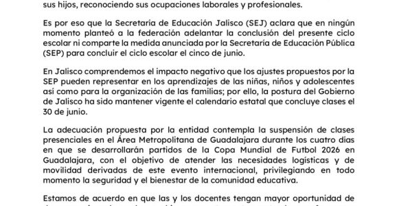 Jalisco rechaza adelantar fin de ciclo escolar al 5 de junio; mantendrá calendario vigente