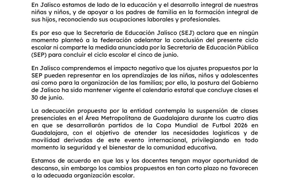 Jalisco rechaza adelantar fin de ciclo escolar al 5 de junio; mantendrá calendario vigente Jalisco rechaza adelantar fin de ciclo escolar al 5 de junio; mantendrá calendario vigente